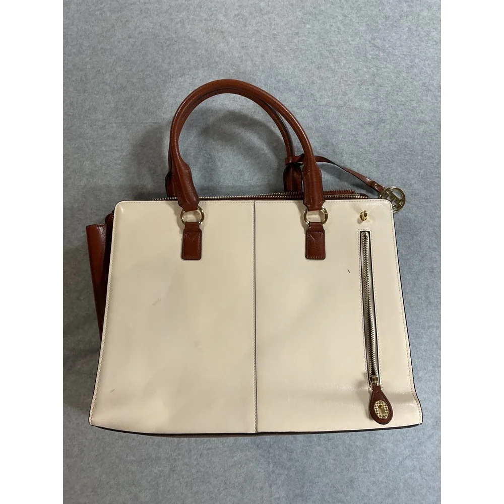 Bostanten White Brown Leather Briefcase Tote Laptop Zip Top Bag